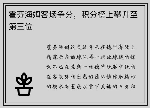 霍芬海姆客场争分，积分榜上攀升至第三位
