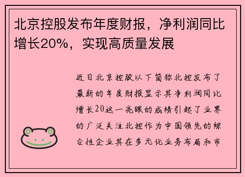 北京控股发布年度财报，净利润同比增长20%，实现高质量发展