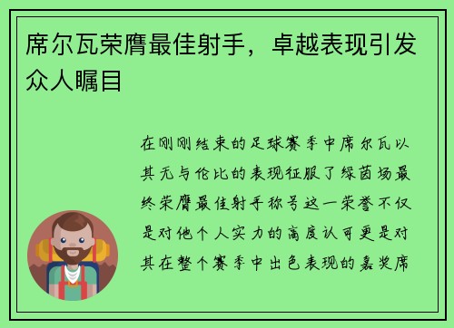 席尔瓦荣膺最佳射手，卓越表现引发众人瞩目