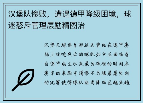 汉堡队惨败，遭遇德甲降级困境，球迷怒斥管理层励精图治